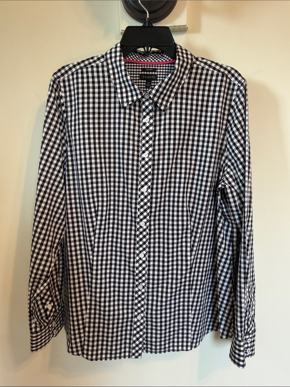 Talbots No Iron Gingham Button Down Shirt Black White Cotton Stretch Size 14